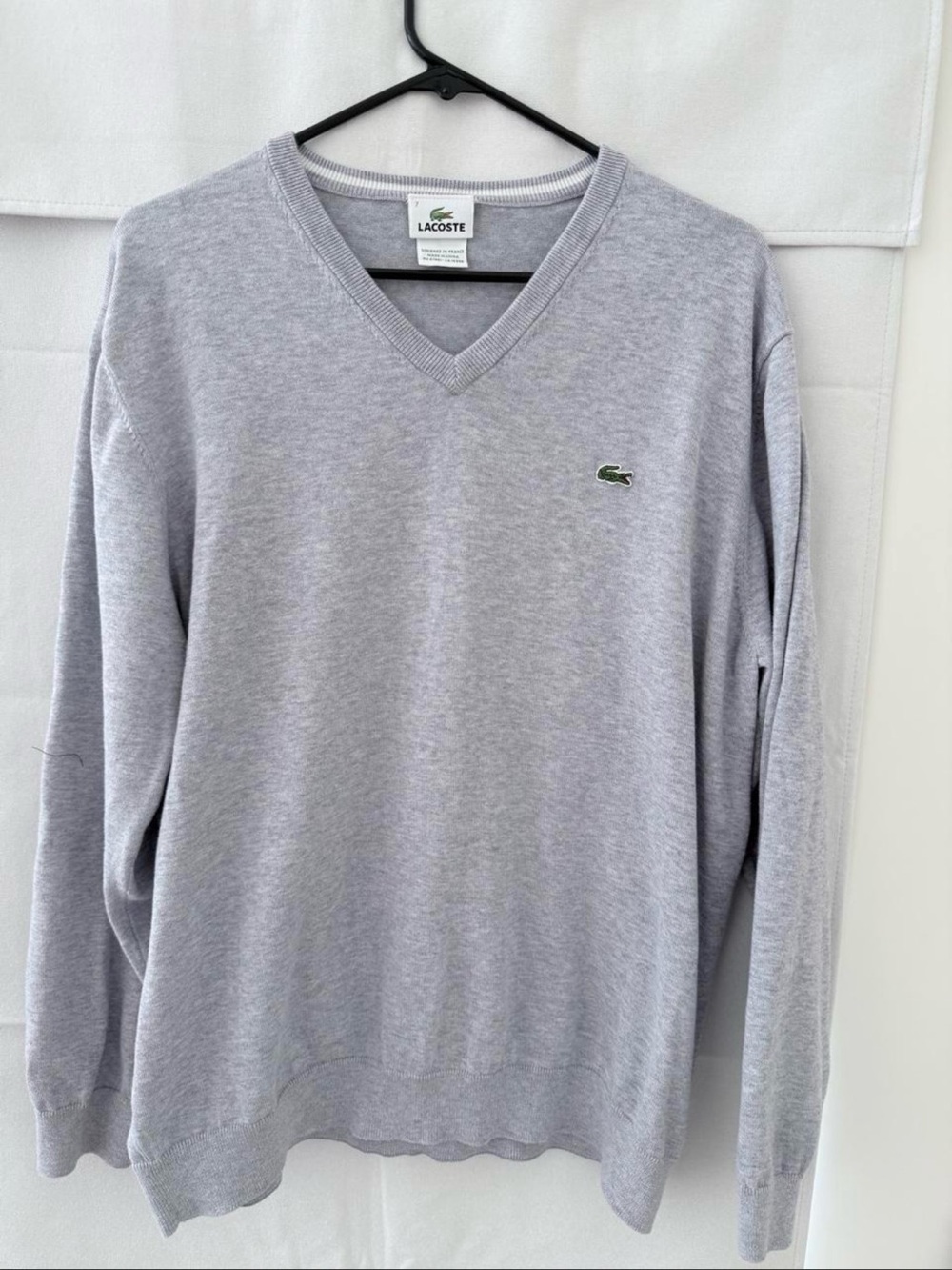 Lacoste Light Gray V-Neck Cotton Sweater with Crocodile Logo